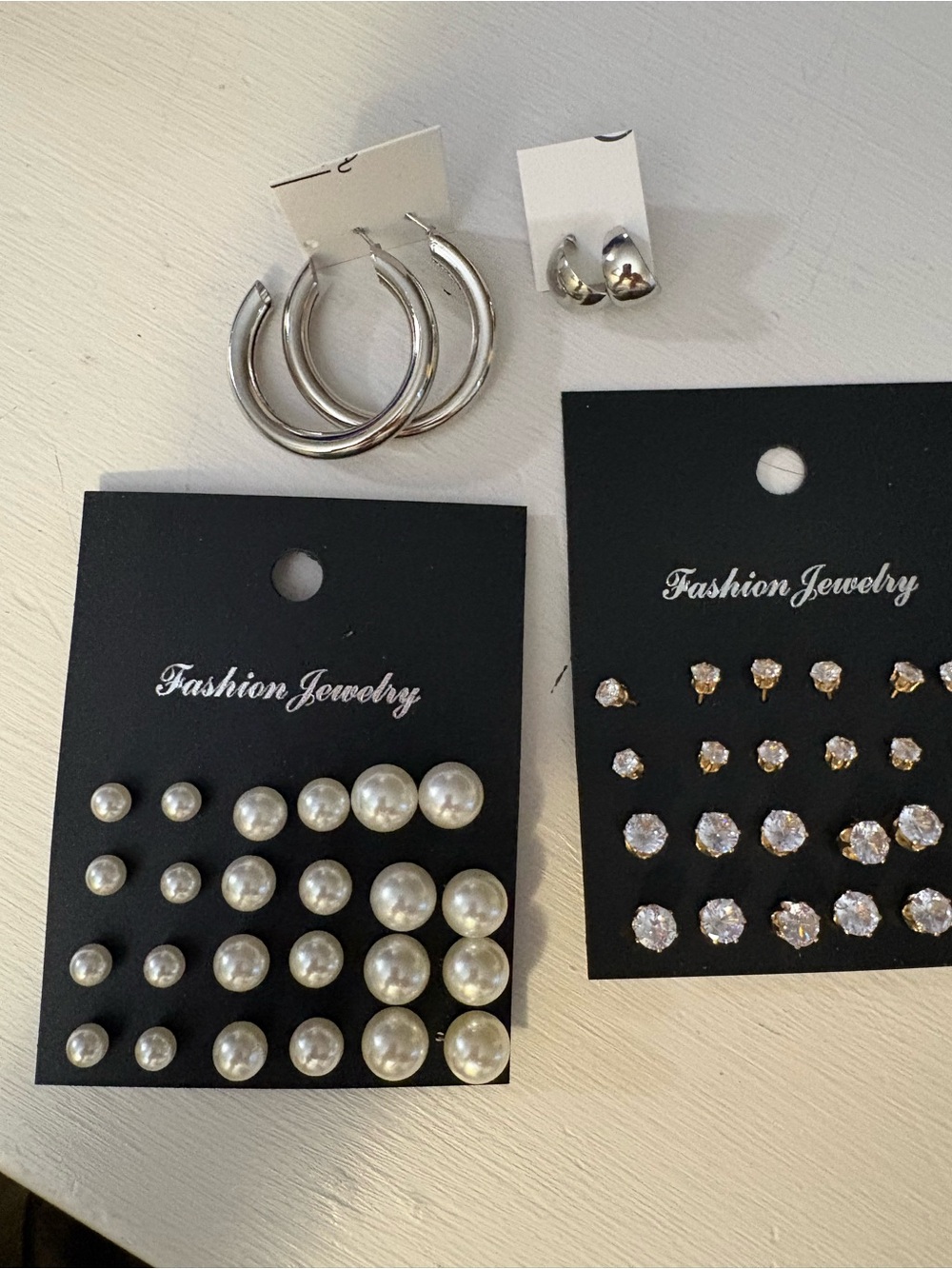 Fashion Jewelry Silver Hoop, Pearl and Clear Crystal Earring Set